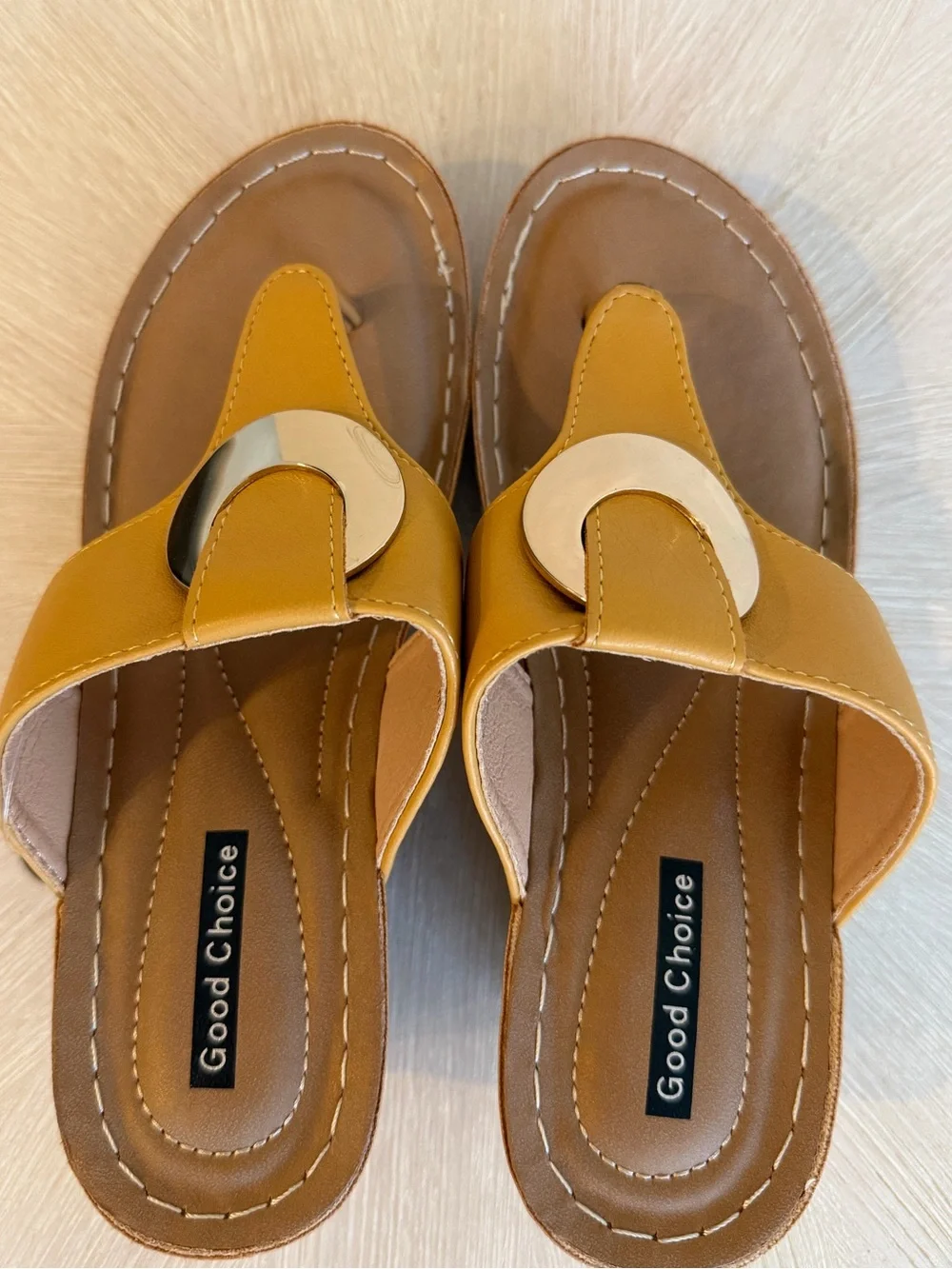 200. Good Choice Mustard Yellow Wedge Thong Sandals with Decorative Accent